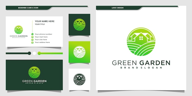 Logo della casa del giardino verde con il concetto di spazio negativo sfumato verde Vettore Premium