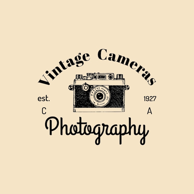 Vettore logo della fotografia emblema del distintivo dell'etichetta della vecchia fotocamera vintage vettoriale illustrazione disegnata a mano per negozio di studio ecc
