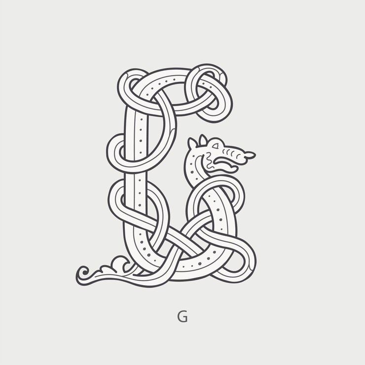 Vettore logo della lettera g monogramma medievale di cappucci a goccia iniziali fatte di bestie celtiche a spirale serpente drago
