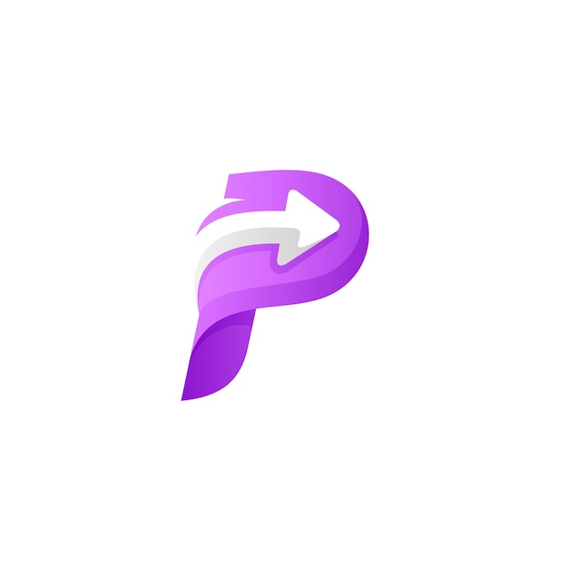 Logo della lettera P con combinazione di frecce in sfumatura viola