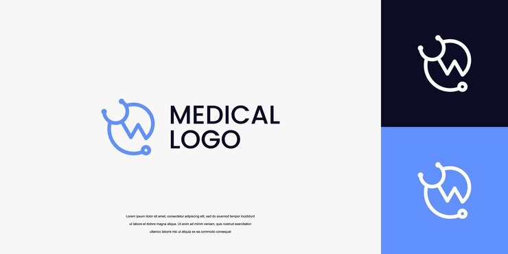 Logo della lettera W con l'icona dello stetoscopio, logo dell'assistenza sanitaria medica