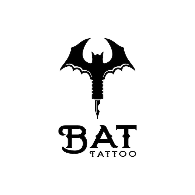 Logo della macchina del tatuaggio del pipistrello, logo dell'artista del tatuaggio con il disegno vettoriale del simbolo del pipistrello