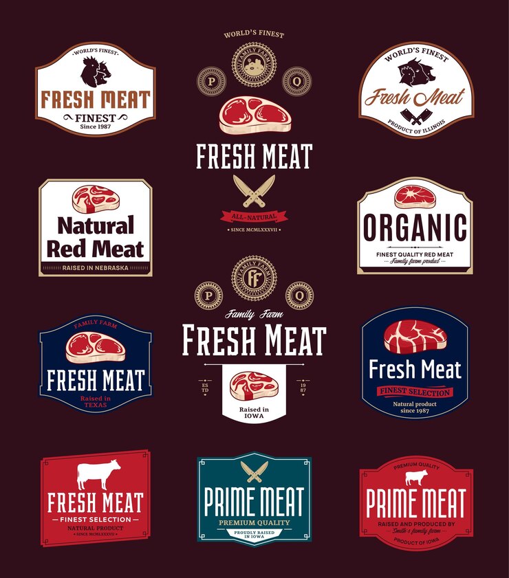 Vettore logo della macelleria, etichette ed elementi di design