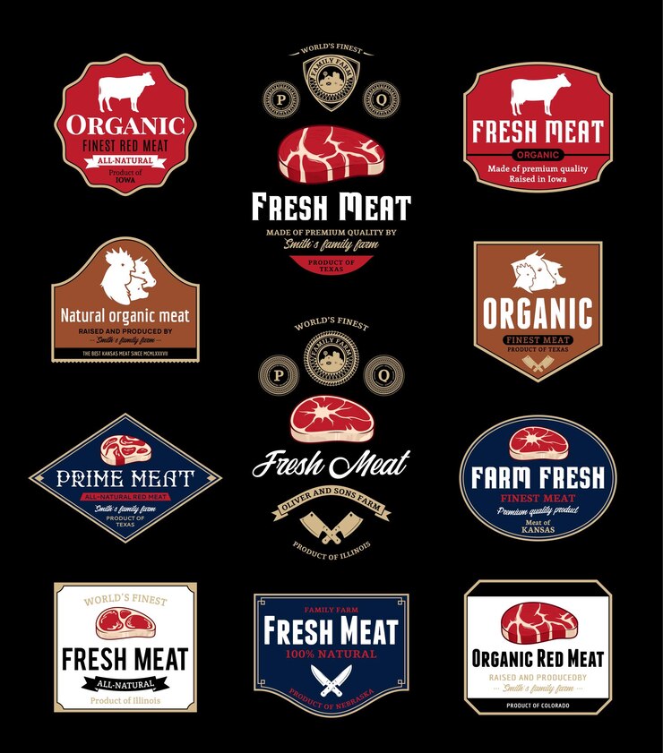 Vettore logo della macelleria, etichette ed elementi di design
