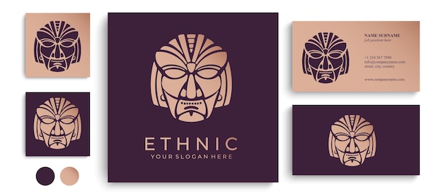 Logo della maschera etnica Logo della maschera azteca e Maya per il business Design vettoriale culturale in stile minimalista Illustrazione vettoriale