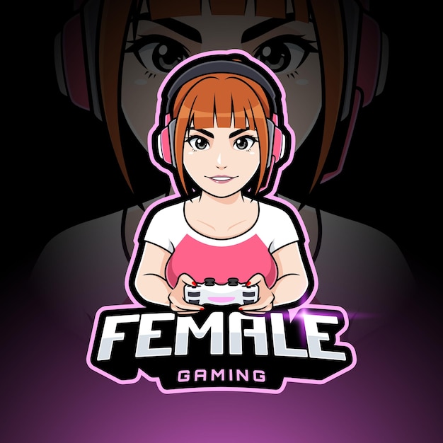 Logo della mascotte del personaggio del giocatore femminile, modello di logo esport della ragazza del giocatore