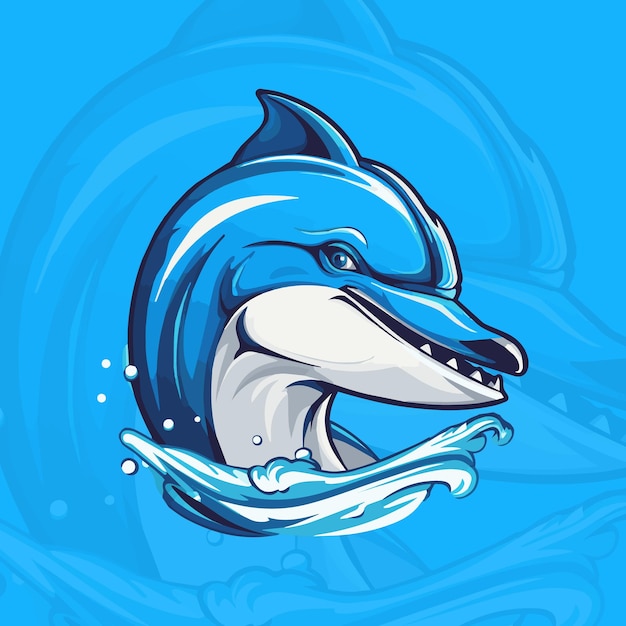 Logo della mascotte del pesce delfino con spruzzi d'acqua Delfino blu arrabbiato che si tuffa in acqua