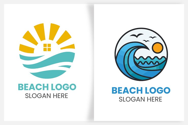 logo della spiaggia piatta con sfondo al tramonto e palme