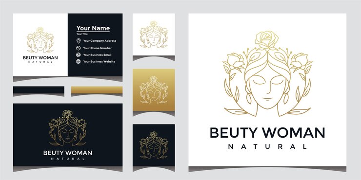 Logo di bella donna naturale con stile art line e design di biglietti da visita.