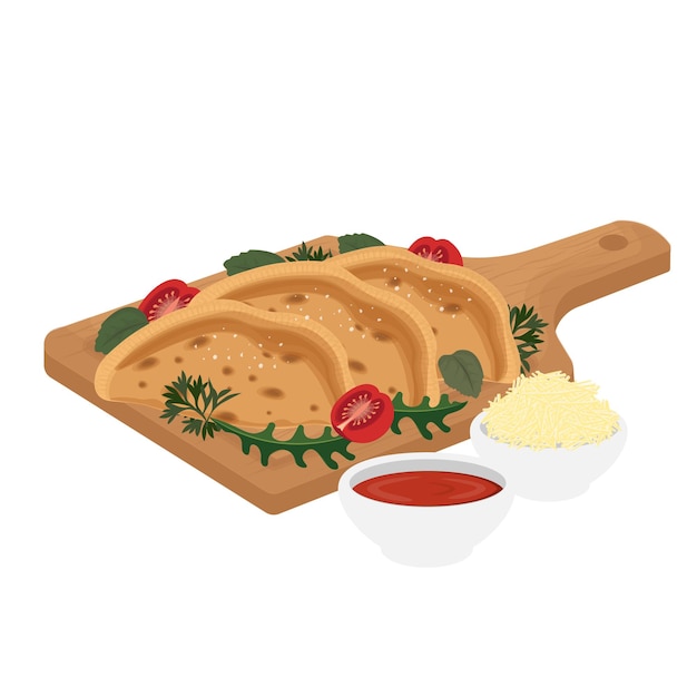 Logo di illustrazione vettoriale Pronto a mangiare pizza Calzone o pizza piegata
