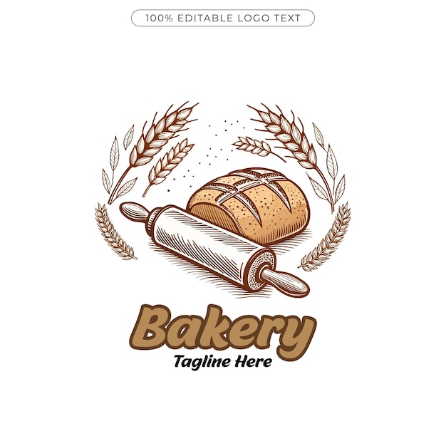 Logo di panetteria vintage, pane disegnato a mano e illustrazione di rotoli