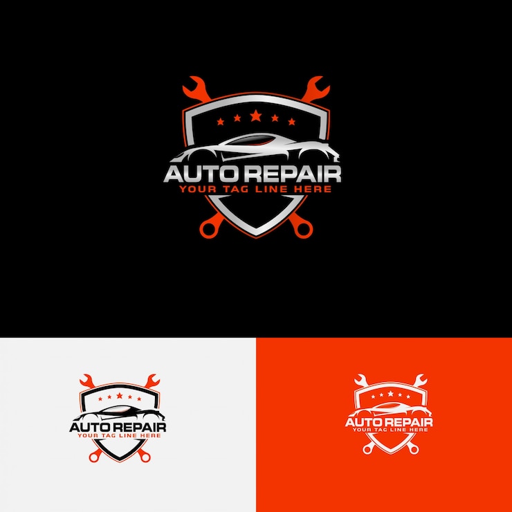 Vettore logo di riparazione automobilistica con contorno di auto