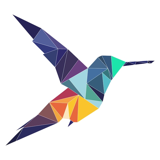 Logo di uccello poligonale Mosaico di triangoli Logotipo di colibrì Uccello con ali, piume e becco isolato su uno sfondo bianco