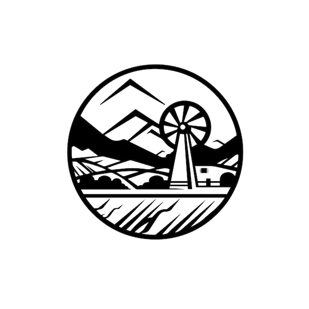 Logo di un mulino e di una montagna solo con contorni minimi