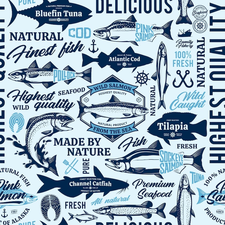 Vettore logo e icona a disegno senza cuciture di pesce
