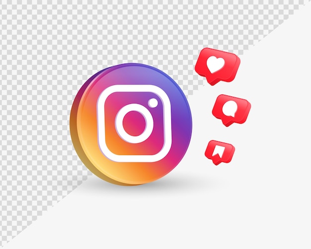 Logo instagram 3d in moderno con icone di notifica dei social media come il salvataggio dei commenti nel fumetto