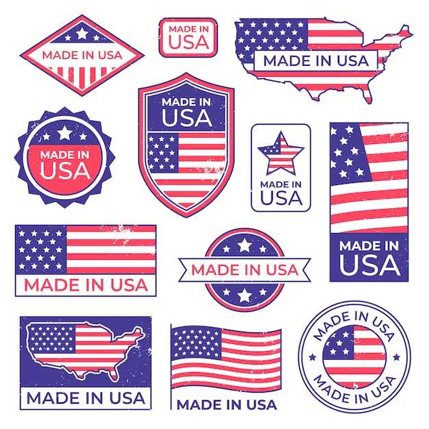 Logo made in usa. Etichetta patriota orgoglioso americano, produzione per timbro etichetta usa e set bandiera patriottica stati uniti d'america