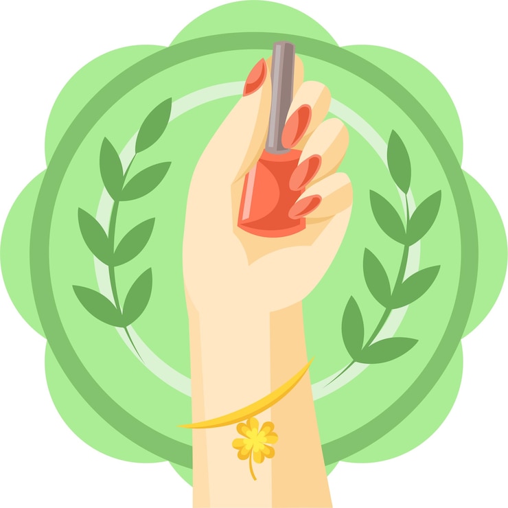 Vettore logo manicure di un salone di nail art con la mano che tiene una bottiglia di smalto per unghie arancione su uno sfondo a cerchio verde