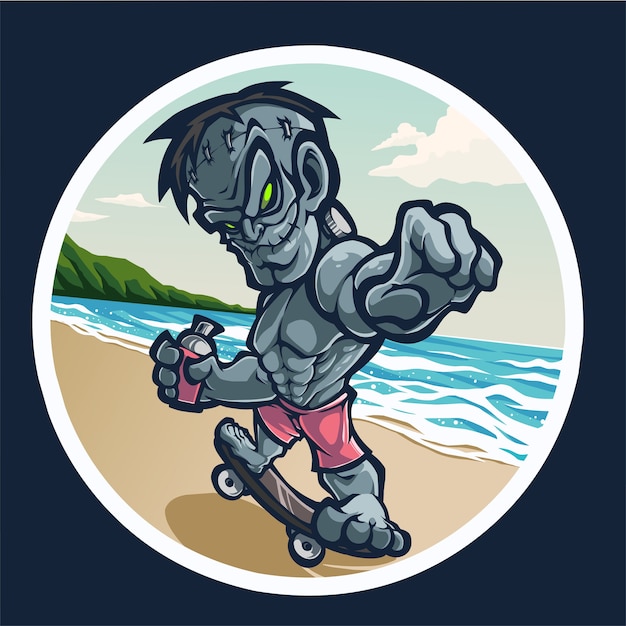 Logo mascotte zombie con skateboard