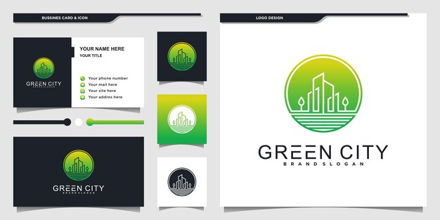 Logo moderno della città verde con stile di arte della linea circolare e modello di progettazione di biglietti da visita Vettore Premium