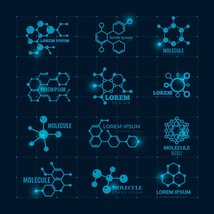 Vettore logo molecolare con effetto brillante. icone dell'atomo della struttura scientifica della molecola del dna di chimica messe