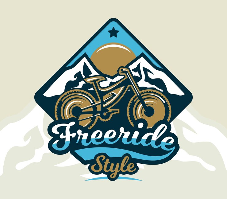Logo mountain bike L'emblema della bicicletta e delle montagne Sport estremo Freeride downhill crosscountry Badge scudo lettering Illustrazione vettoriale