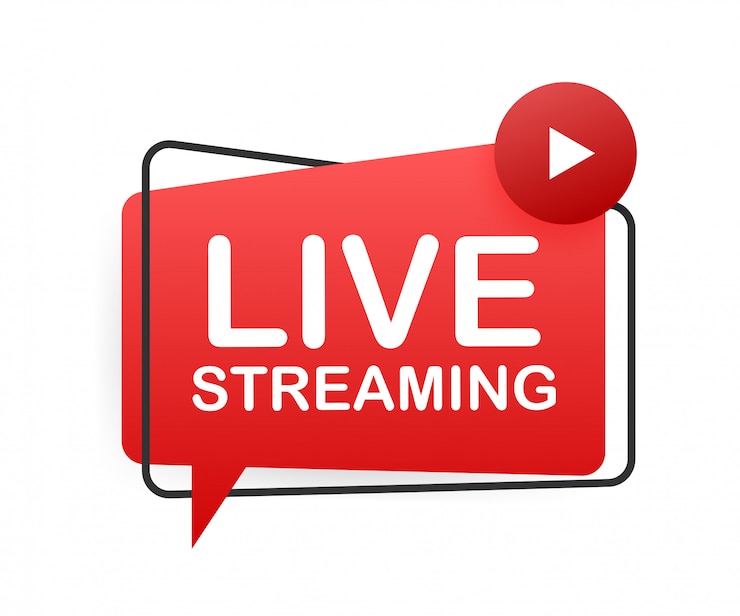 Vettore logo piatto streaming live, elemento di design rosso con pulsante di riproduzione. illustrazione