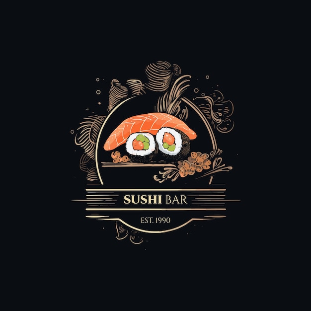 Logo retrò di vettore sushi bar con sfondo nero