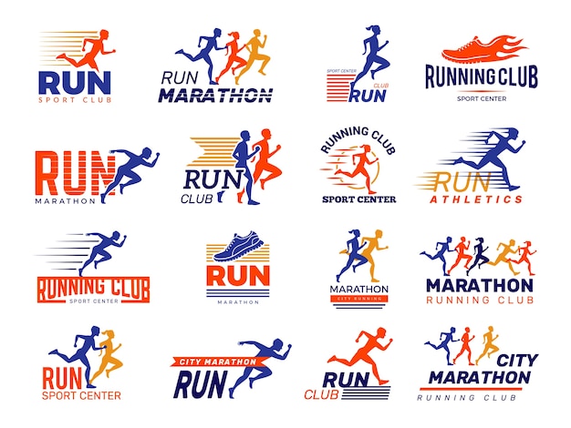 Logo sportivo. Atleti maratona in esecuzione in buona salute che sprint badge, fitness club corridore, sportivo maratona