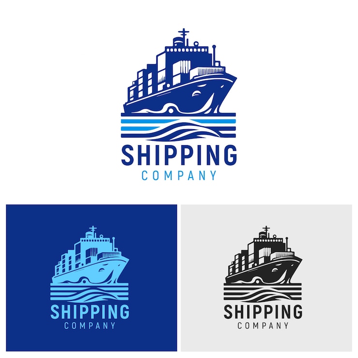 Vettore logo stilizzato di una compagnia di navigazione con una nave da carico con container che navigano sulle onde