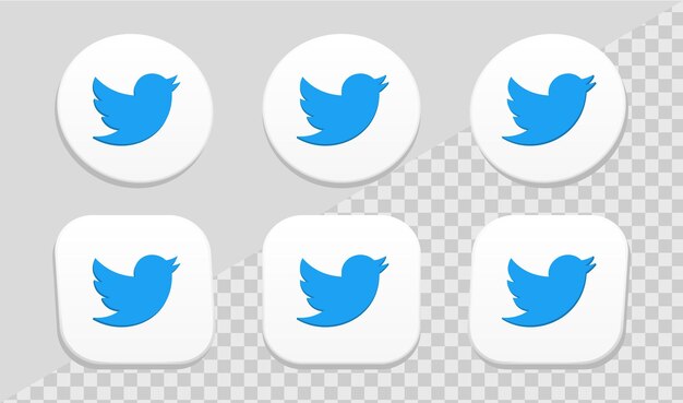Logo twitter icona 3d per loghi icone social media in cerchio bianco e set di raccolta cornici quadrate