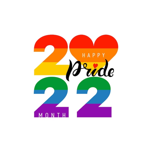 Logo vettoriale lgbtq 2022 mese dell'orgoglio con cuore arcobaleno La bandiera dell'orgoglio che rappresenta l'orgoglio LGBTQ Simbolo del mese dell'orgoglio supporto giugno isolato su sfondo bianco