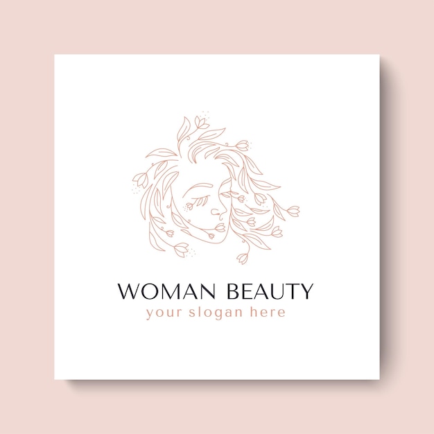 Logo Volto di donna con fiori Illustrazione del lineart vettoriale della donna Elegante bellezza femminile Logo Woman Line Art Logo minimalista Stampa botanica
