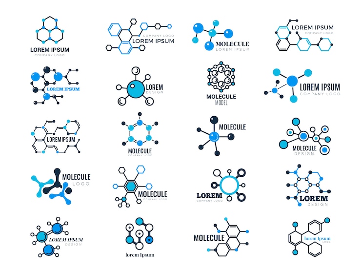 Vettore logotipi molecolari. cellula del nodo di informazioni mediche di tecnologia genetica di chimica di formula di concetto di evoluzione