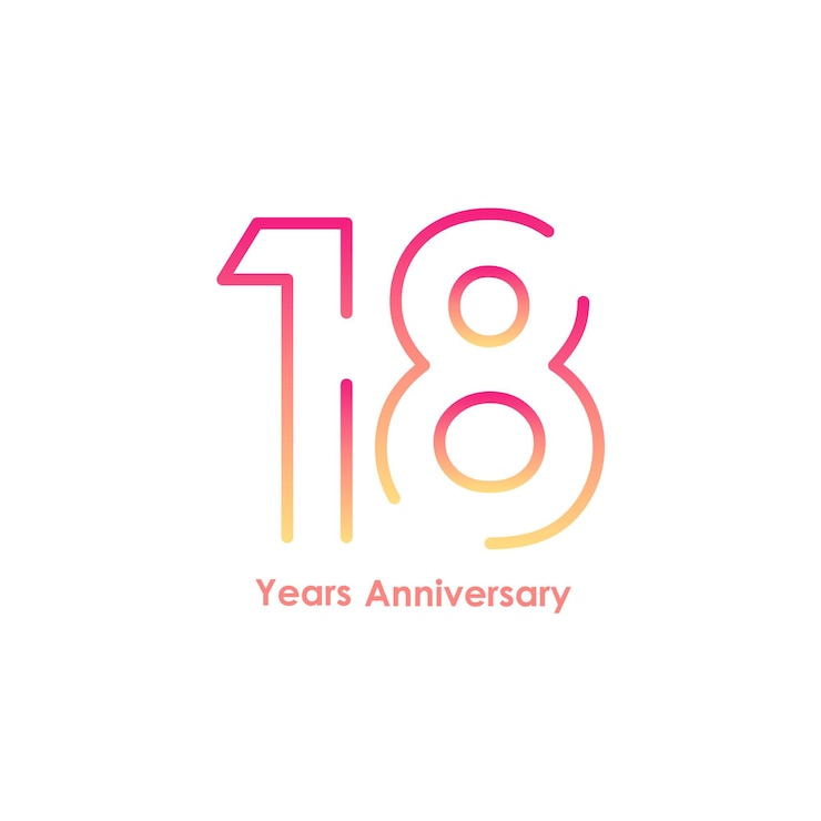 Vettore logotipo del 18° anniversario con numeri di caratteri dorati composti da una linea collegata