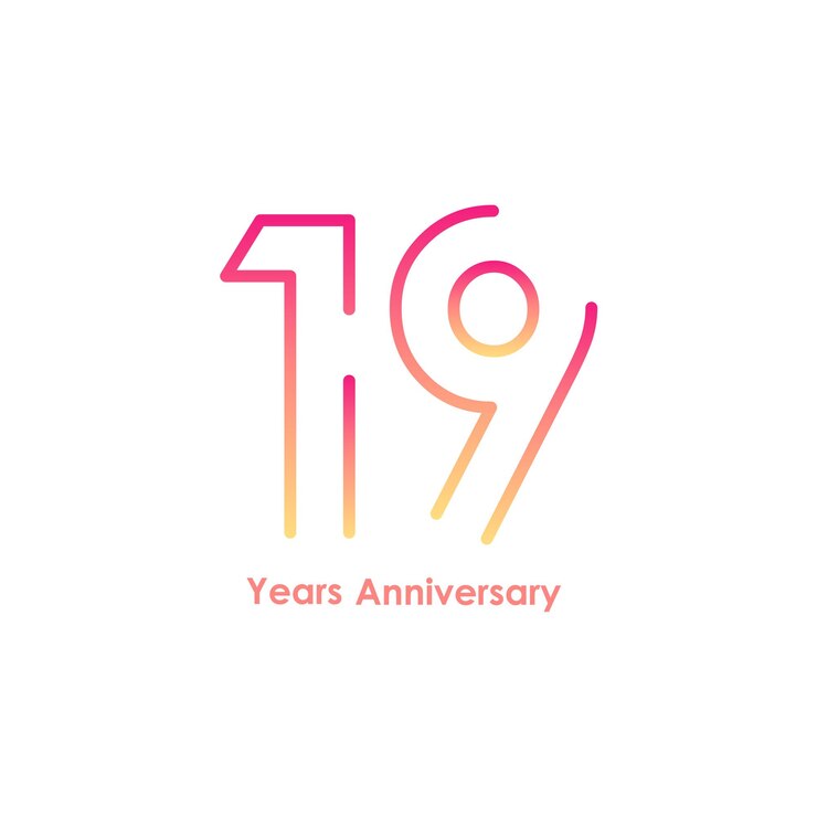 Vettore logotipo del 19° anniversario con numeri di caratteri dorati composti da una linea collegata