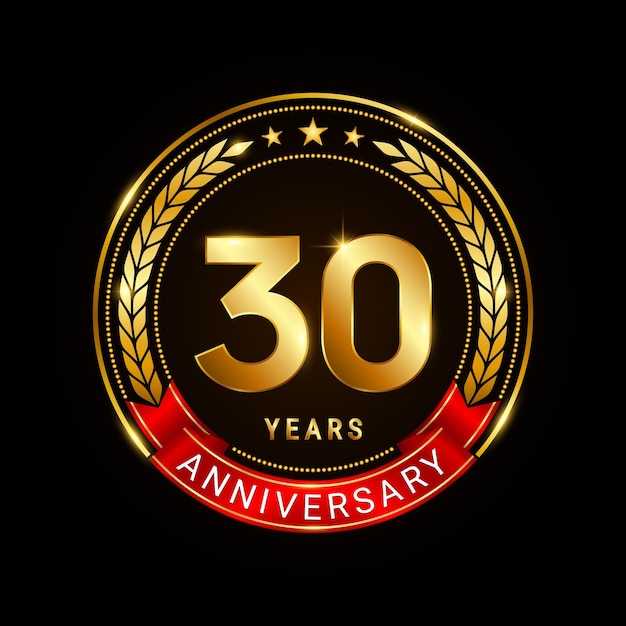 Logotipo di 30 anni anniversario anniversario d'oro celebrazione con nastro rosso isolato su priorità bassa nera