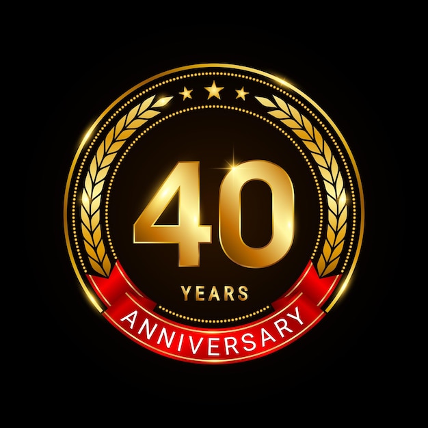 Logotipo di 40 anni anniversario anniversario d'oro celebrazione con nastro rosso isolato su priorità bassa nera