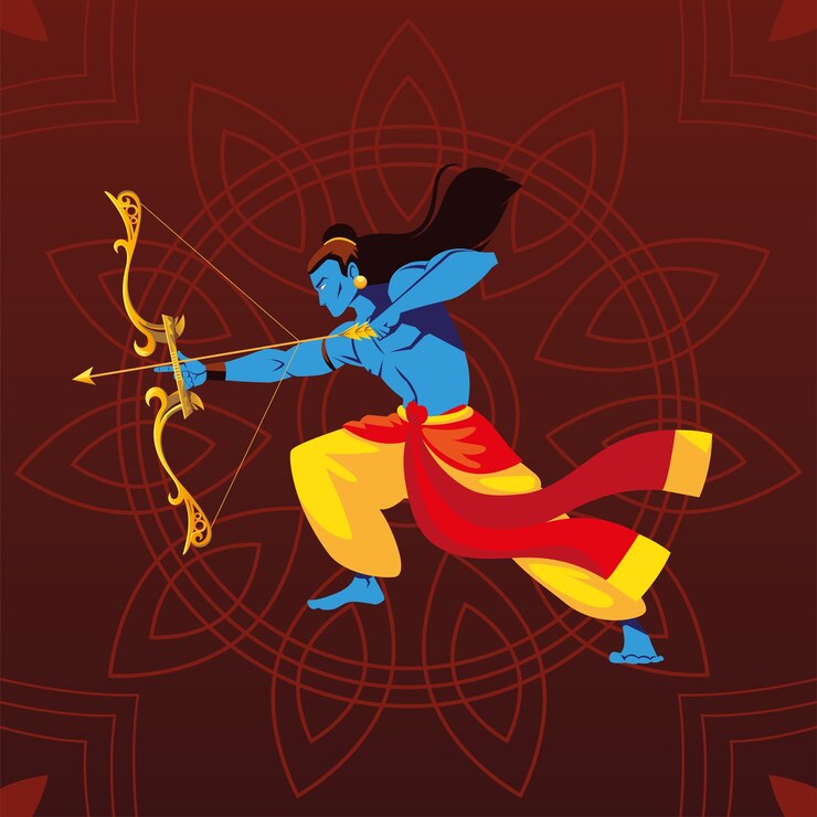 Vettore lord rama con arco e frecce su sfondo decorativo floreale