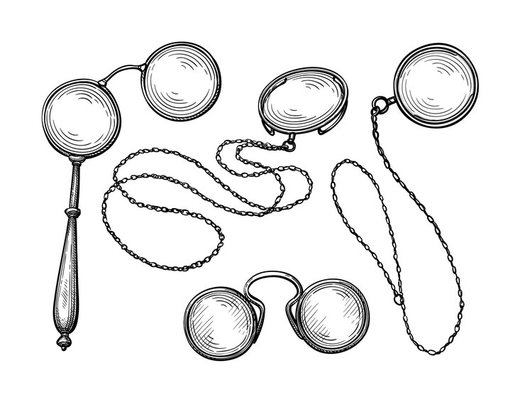 Vettore lorgnette e monocoli pincenez occhiali vintage lenti correttive antiche set di schizzi a inchiostro