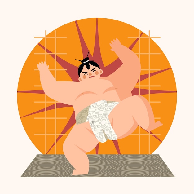 Lottatore di sumo professionista che esegue esercizi e si allena prima del combattimento in palestra professionale