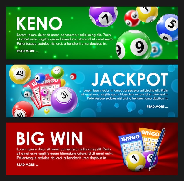 Lotteria lotteria, keno, bingo, jackpot grande vincita gioco del lotto palline e carte con numeri fortunati.