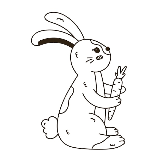 Lovely sketch Easter bunny side view with carrot in paws and cute fluffy tail Hand drawn jolly rabbit Sign of Easter egg hunt at traditional springtime holiday Seasonal doodle for poster card