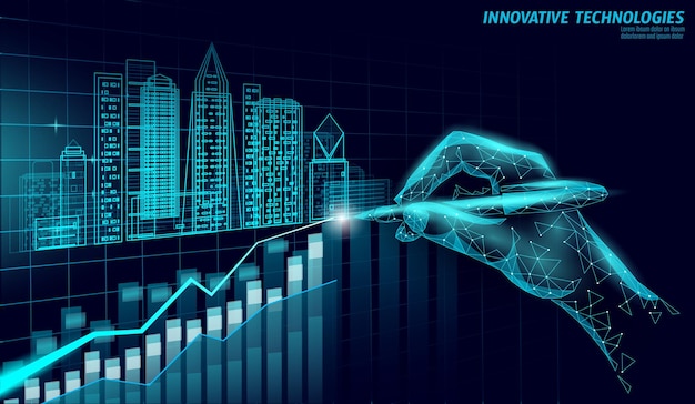 Low poly smart city d grafico in crescita sistema di automazione degli edifici intelligente concetto di business mano