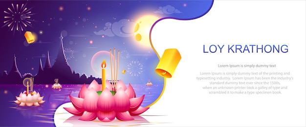 Loy Krathong Festival in Thailandia banner design con calligrafia tailandese del Loy Krathong Festival