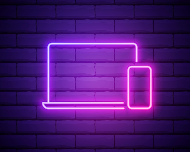 Luce al neon Icona del segno dei dispositivi mobili Notebook con simbolo dello smartphone Design grafico luminoso Muro di mattoni vettore