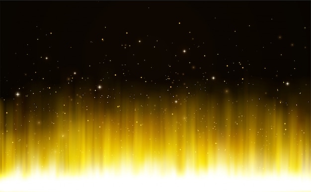 Luce brillante dorata brillante con particelle di polvere magiche e stelle.