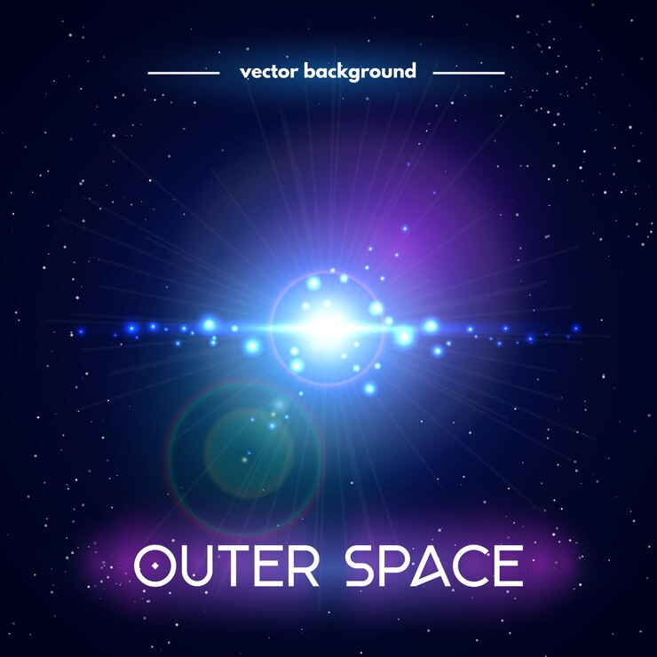 Vettore luce flash blu brillante spaziale sfondo vettoriale futuristico con brillamenti di lenti fasci scintillanti e titolo spazio esterno