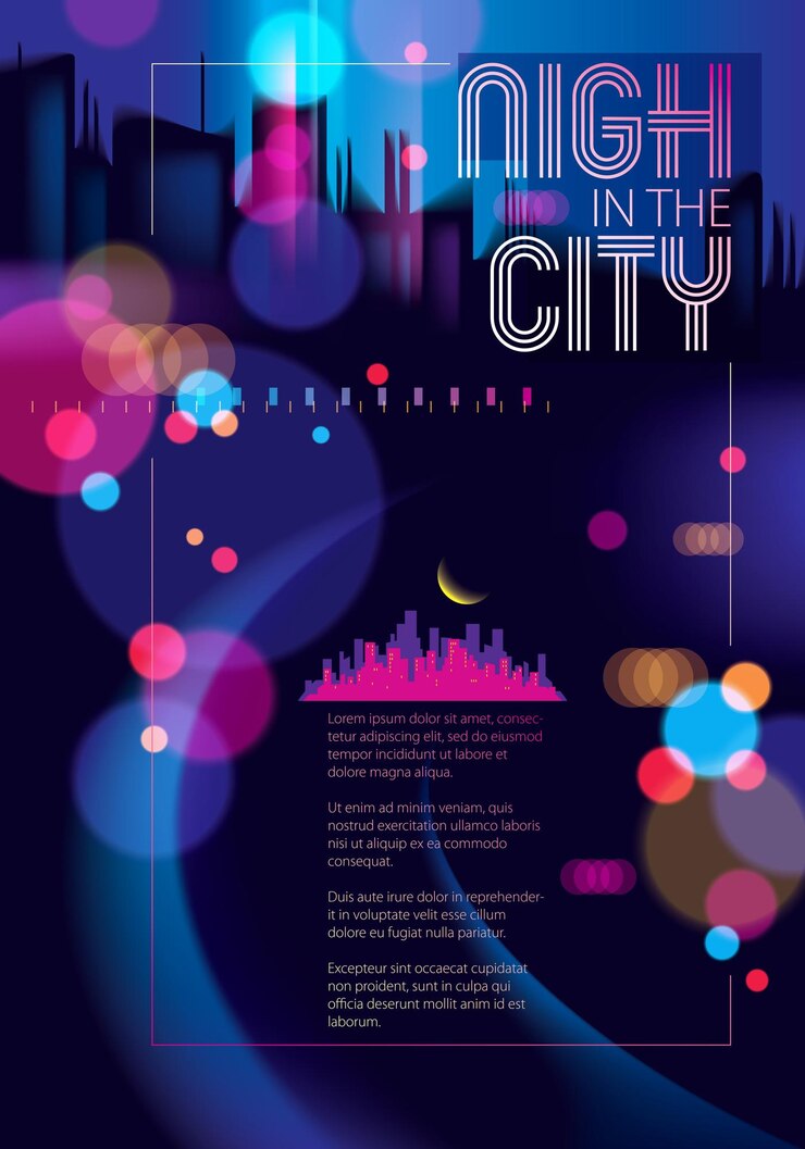 Vettore luce notturna in città, bokeh sfondo astratto luci sfocate. effetto vettore sfondo bello. sfocare sfondo scuro colorato con paesaggio cittadino, silhouette di edifici. brochure, volantino, copertina, poster o