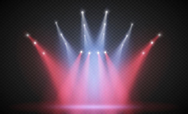 Luce per illuminazione scena, effetto luce flash trasparente, lente speciale per luce solare. Flash dorati luminosi e illuminazione con faretti. Illuminazione spot del palcoscenico.
